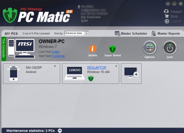 PC Matic Antivirus Dashboard.