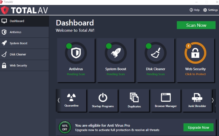TotalAV Antivirus Dashboard.